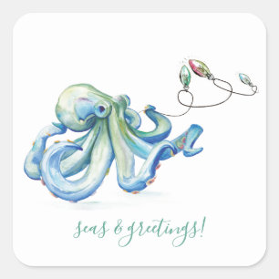 Adesivo Quadrado Vinheta de Envelope Oceano Octopus de Aquarela