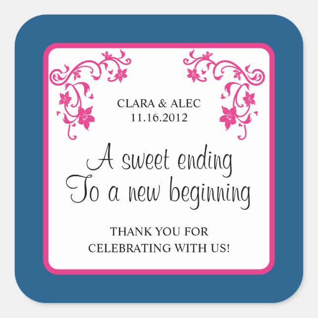 Adesivo Quadrado Vinheta de Favor de Casamento Floral (Frente)