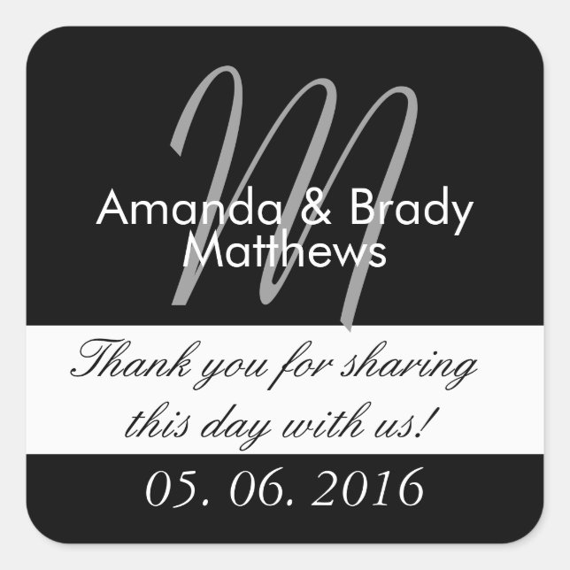 Adesivo Quadrado Vinheta De Favor Do Monograma De Noite De Casament (Frente)