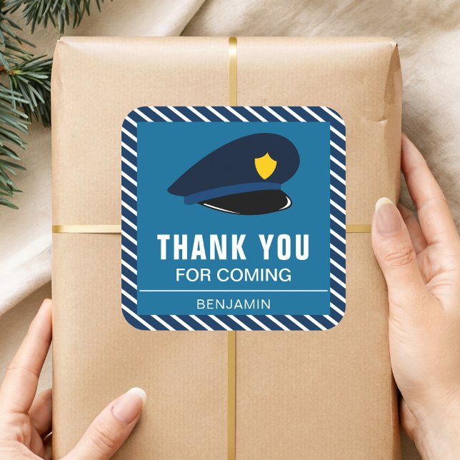 Adesivo Quadrado Vinheta de Festa de aniversário do Policial Hat (Criador carregado)