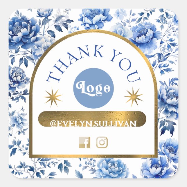 Adesivo Quadrado Vinheta de flores azuis de chinoiserie elegante (Frente)