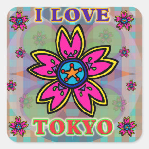 Adesivo Quadrado Vinheta de flores "I AMVE TOKYO"
