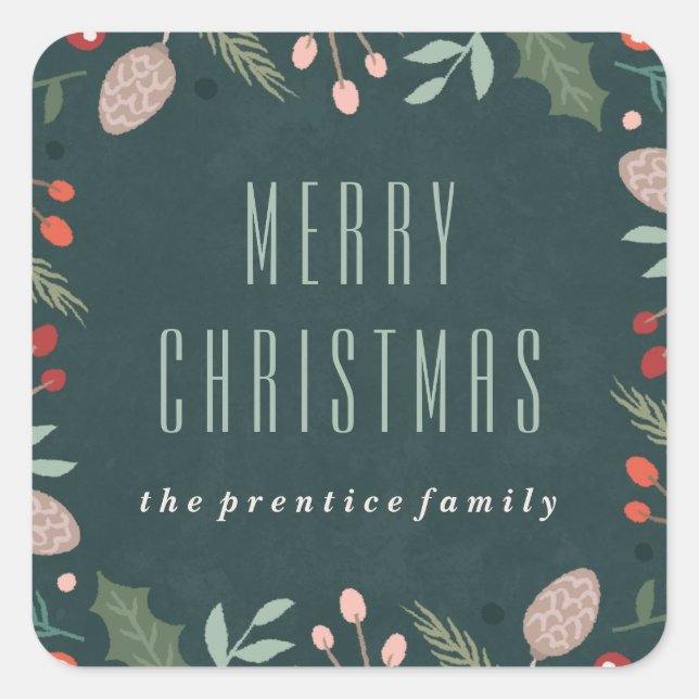 Adesivo Quadrado Vinheta de folhagem de inverno - Teal (Frente)