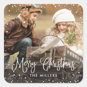Adesivo Quadrado Vinheta de fotos de neve de feriados felizes