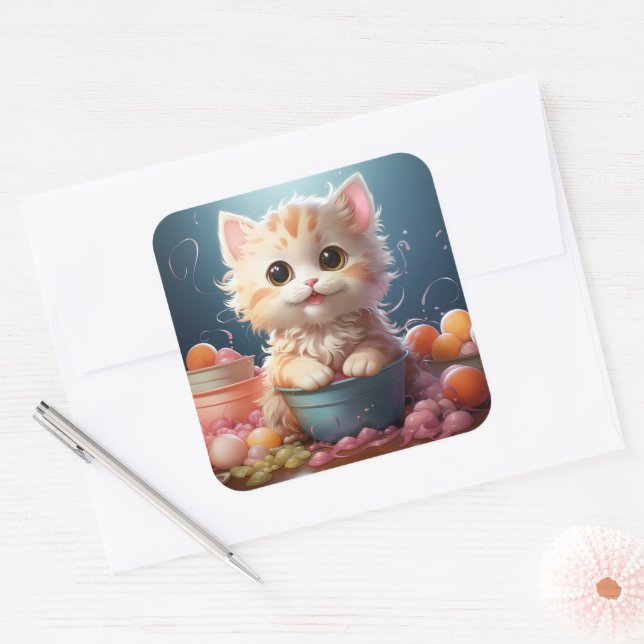 Adesivo Quadrado Vinheta de gato bonito (Envelope)