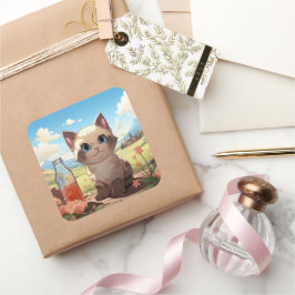 Adesivo Quadrado Vinheta de gato bonito