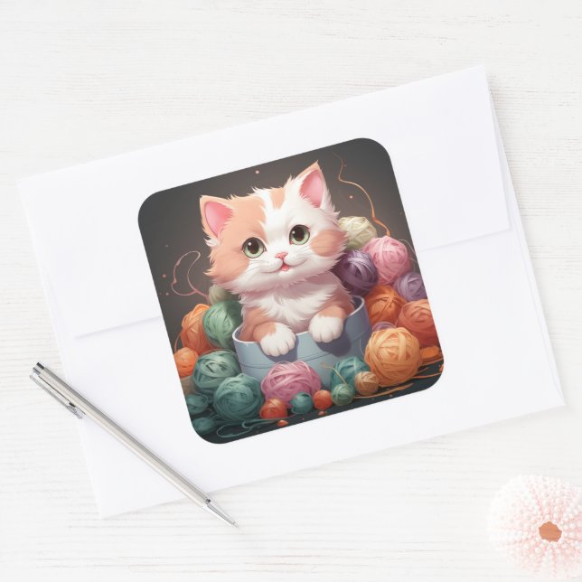 Adesivo Quadrado Vinheta de gato bonito (Envelope)