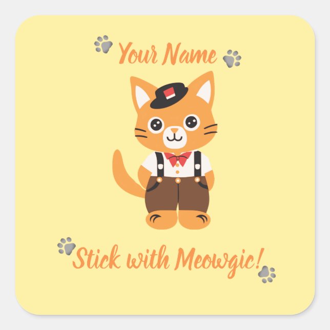 Adesivo Quadrado Vinheta de Gato Cute Personalizado - Vestir com Mo (Frente)