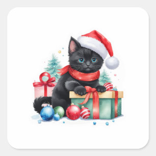 Adesivo Quadrado Vinheta de gato de Natal bonito - Gatinho com pres