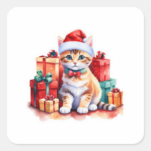 Adesivo Quadrado Vinheta de gato de Natal giro - Gatinho bonito com