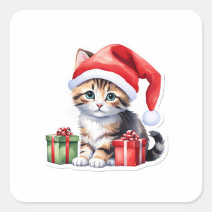 Adesivo Quadrado Vinheta de gato de Natal reproduzível - Gatinho co