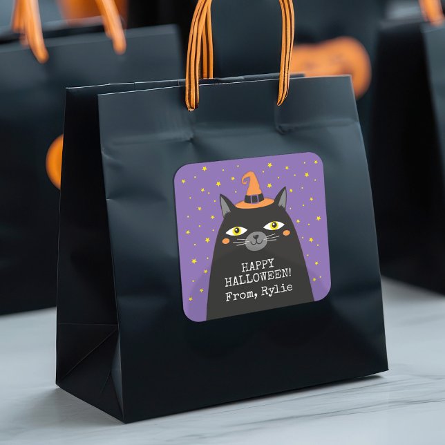Adesivo Quadrado Vinheta de Gato Halloween (A cute Halloween cat favor sticker for decorating treat bags!)