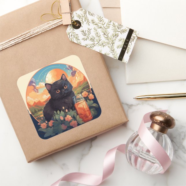 Adesivo Quadrado Vinheta de gato preto (Presentear)