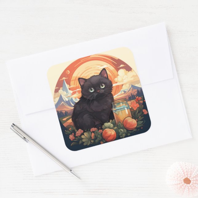 Adesivo Quadrado Vinheta de gato preto (Envelope)