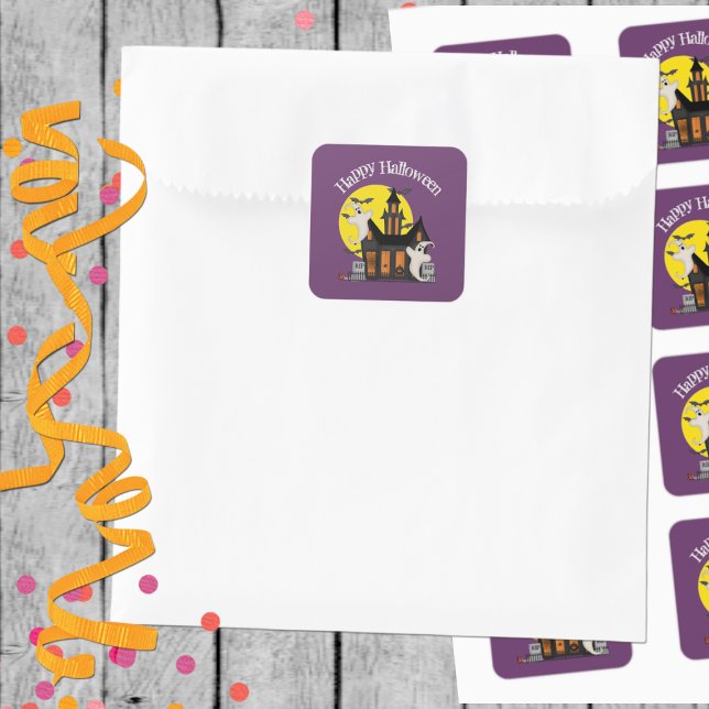 Adesivo Quadrado Vinheta de Halloween Haunted House (Criador carregado)