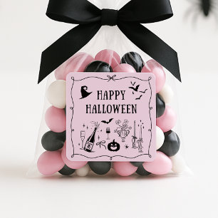 Adesivo Quadrado Vinheta de halloween, rosa e feliz