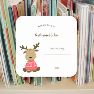 Adesivo Quadrado vinheta de livraria do Winter Baby Deer Library