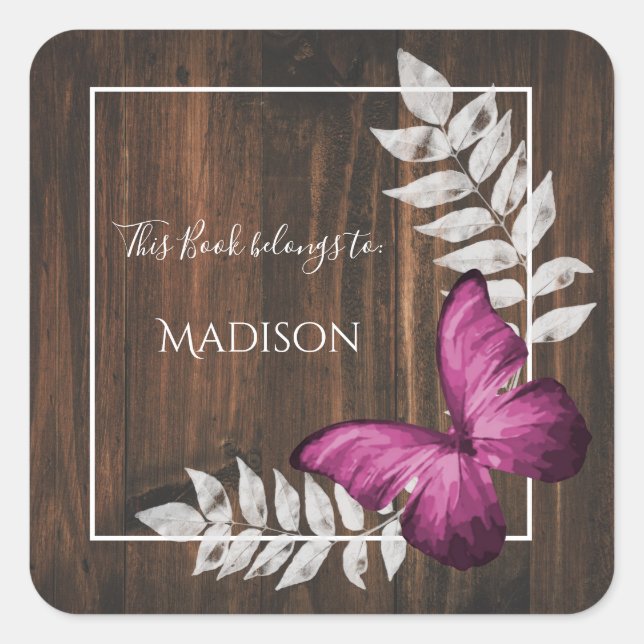 Adesivo Quadrado Vinheta de Livro de Borboletas Rosa Russo (Frente)