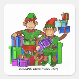 Adesivo Quadrado Vinheta de Macaco-Elfo de Natal