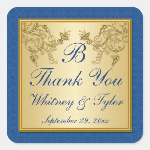 Adesivo Quadrado Vinheta de Monograma Floral Dourada e Azul
