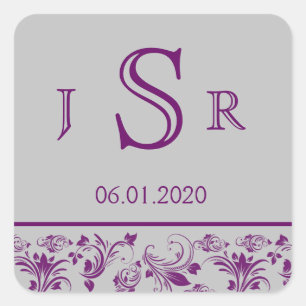 Adesivo Quadrado Vinheta de Monograma Floral Roxo e Prateado
