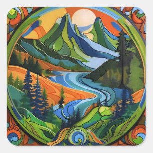 Adesivo Quadrado Vinheta de montanha e exterior