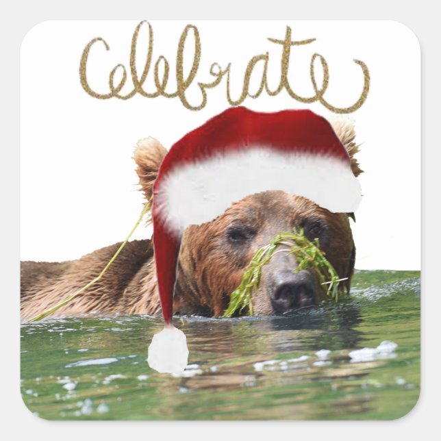 Adesivo Quadrado Vinheta de Natal com urso-pardo (Frente)