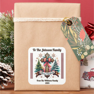 Adesivo Quadrado Vinheta de Natal num presente embrulhado