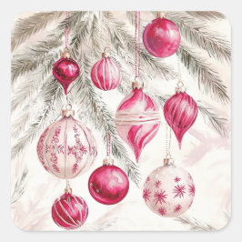 Adesivo Quadrado Vinheta de Natal para Ornações Brancas Rosa
