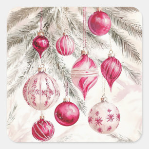 Adesivo Quadrado Vinheta de Natal para Ornações Brancas Rosa