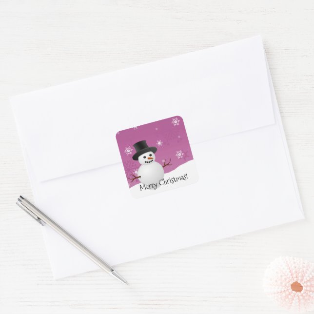 Adesivo Quadrado Vinheta de Natal Pink Snowman Winter Scenery (Envelope)