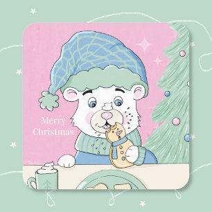 Adesivo Quadrado Vinheta de Natal Rosa Quadrada do Urso Polar