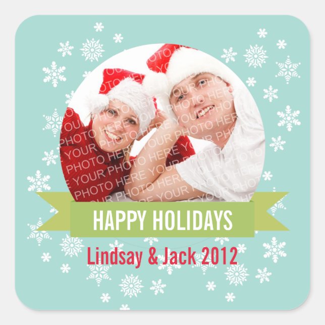 Adesivo Quadrado Vinheta de natal verde do globo de neve fotográfic (Frente)