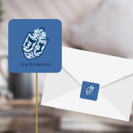 Adesivo Quadrado Vinheta de nome de Dreidel Chinoiserie Azul Gorgee