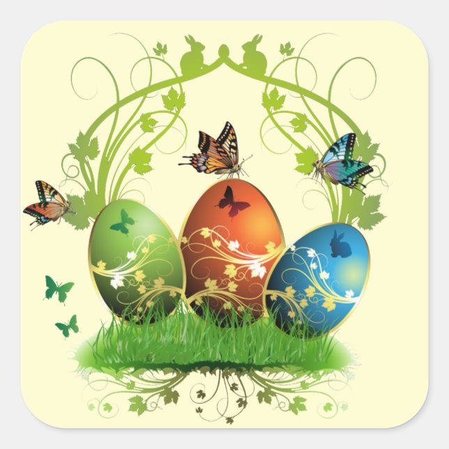 Adesivo Quadrado Vinheta de Ovos e Borboletas de Páscoa (Frente)