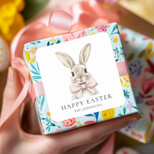 Adesivo Quadrado Vinheta de Páscoa de coelho cor-de-rosa Pastel