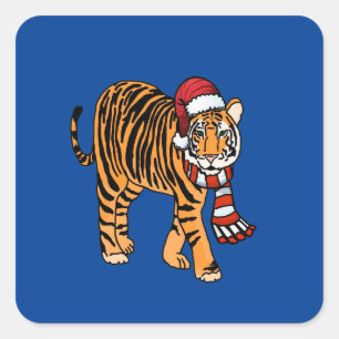 Adesivo Quadrado Vinheta de Tigre de Natal de Cartoon
