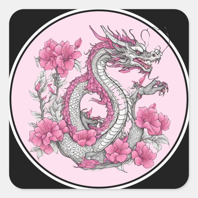 Adesivo Quadrado Vinheta do Dragão da Flor (Frente)
