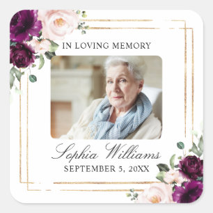 Adesivo Quadrado Vinheta do Funeral Memorial Blush & Purple