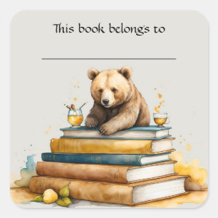 Adesivo Quadrado Vinheta do Urso e Livros Editáveis