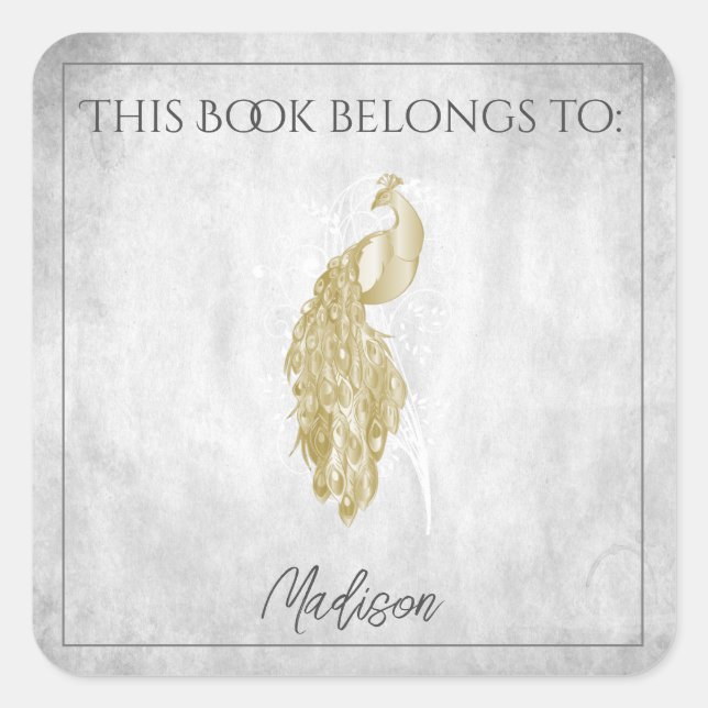 Adesivo Quadrado Vinheta Dourada Elegante de Pavão (Frente)