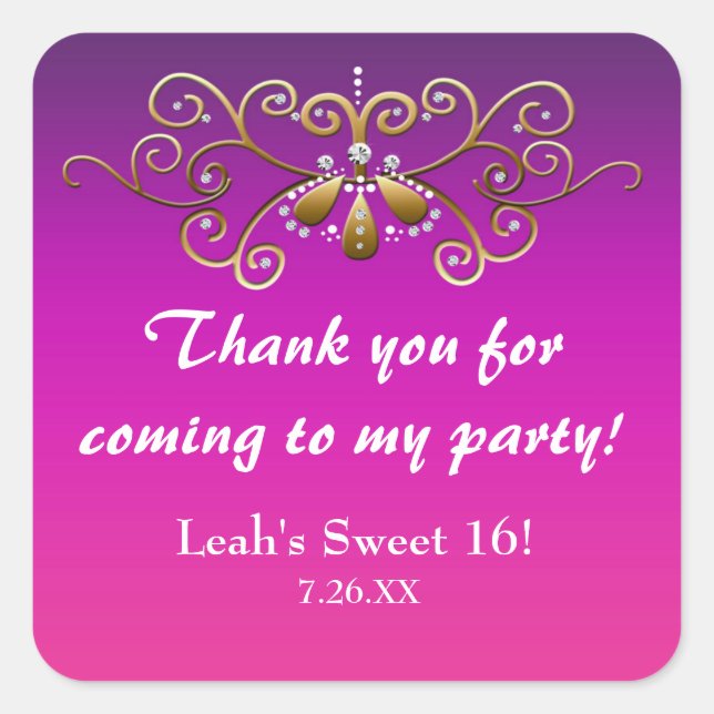 Adesivo Quadrado Vinheta Dourada rosa-púrpura da Princesa Indiana (Frente)