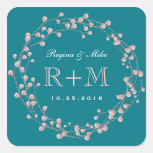 Adesivo Quadrado Vinheta-Favor De Casamento Floral Cor-de-Rosa Azul