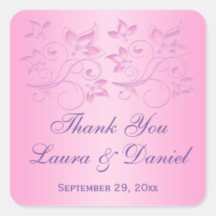 Adesivo Quadrado Vinheta-Favor de Casamento Rosa e Púrpura Floral d