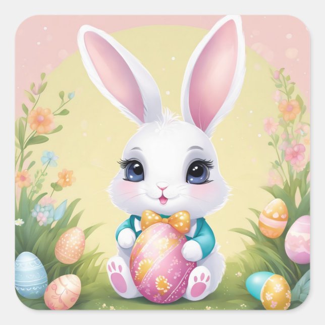 Adesivo Quadrado Vinheta Floral de Coelho Cozinhado de Páscoa em Co (Frente)