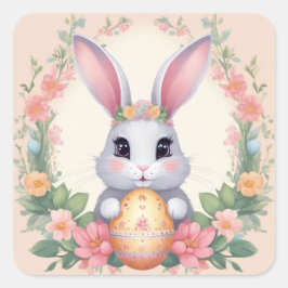 Adesivo Quadrado Vinheta Floral de Coelho Cozinhado de Páscoa em Co