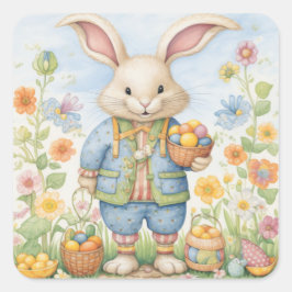 Adesivo Quadrado Vinheta Floral de Coelho Cozinhado de Páscoa em Co