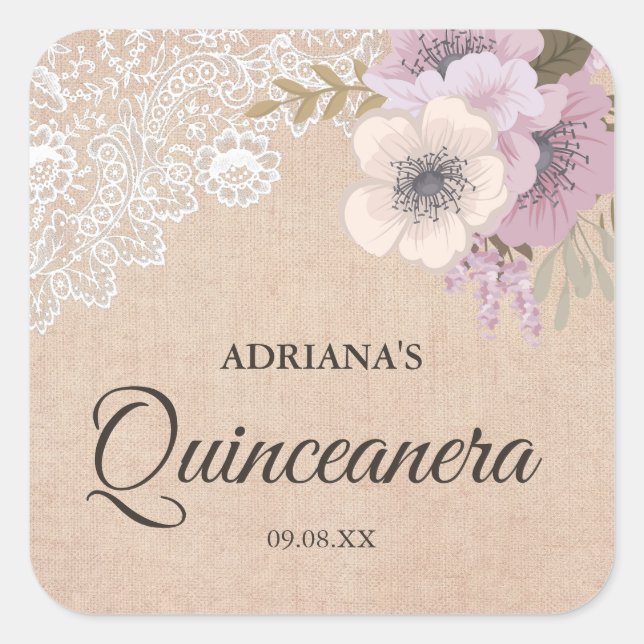 Adesivo Quadrado Vinheta Floral de Quinceanera Rústica de Colchonet (Frente)