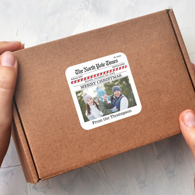 Adesivo Quadrado Vinheta Fotográfica de Natal Feliz (Merry Christmas photo sticker. )