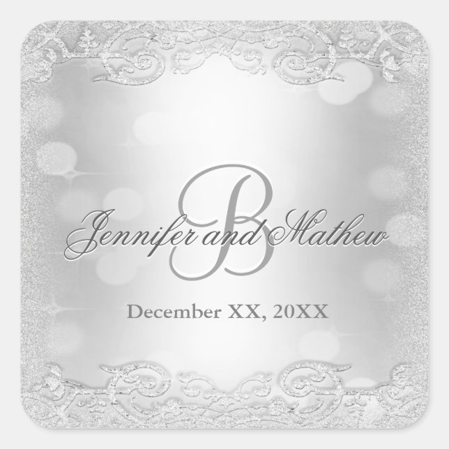 Adesivo Quadrado Vinheta Monograma | Prata Elegante (Frente)